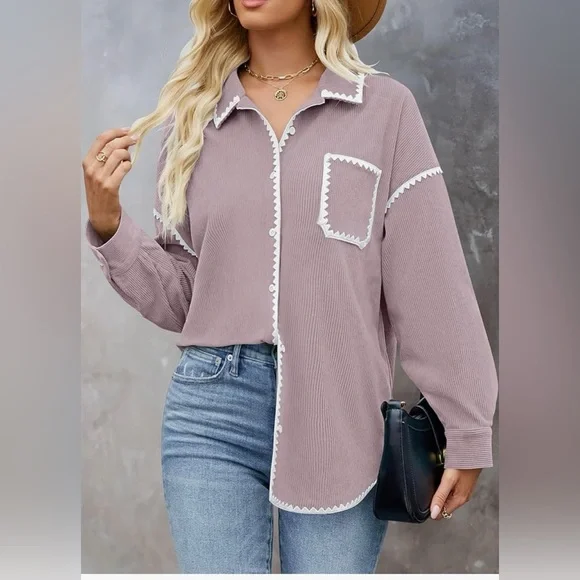 Sold: Womens Corduroy Shacket Jacket w/Buttons Oversized Blouses w/pockets Sz.L - Picture 5 of 9